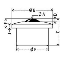 Bille avec carter usiné :- Ø A : bille Ø- Ø B : Ø hors tout- C : hauteur hors tout- D : dépassement de la bille- Ø E : Ø utile- F : dépassement dtotal- J : platine ép.