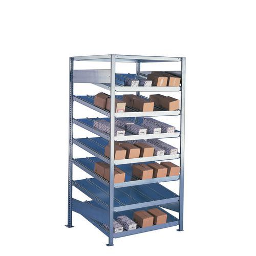 Fém polcállvány ferde polcokkal, alapkivitel 200 x 100 x 50 - 80 cm, 1 800 kg, 8 polcos, ezüst