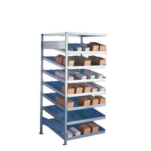 Fém polcállvány ferde polcokkal, hozzáépíthető 200 x 100 x 50 - 80 cm, 1 800 kg, 8 polcos, ezüst