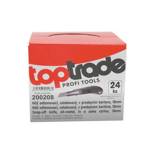 TOPTRADE vágókés tördelhető pengével, teljesen fém, értékesítői kartonban, 18 mm, 24 db-os kiszerelés