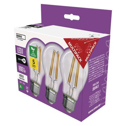 Filament A60 LED izzó, foglalat: E27, 3,8 W, 3 db